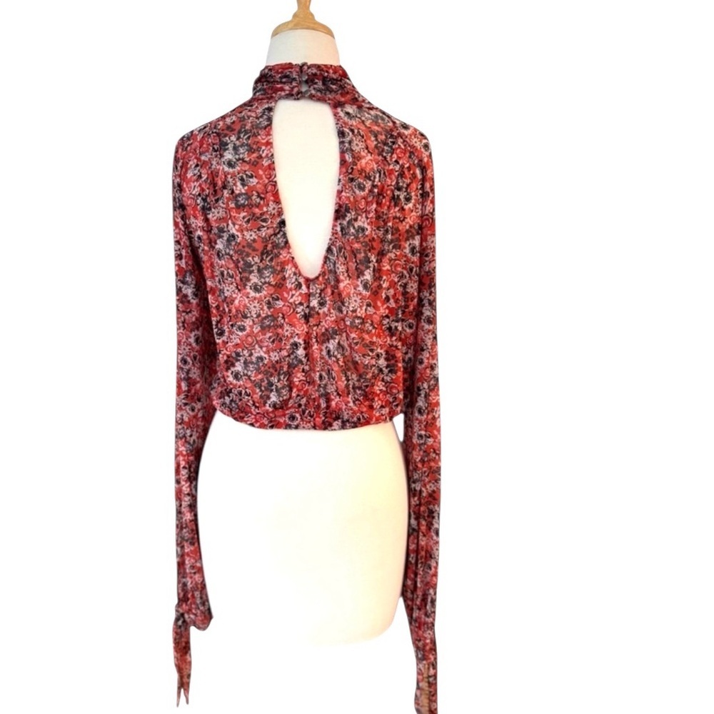 Free People All Dolled Up Top Red Combo Open Back Sheer Tie Cuffs Size Medium - Picture 5 of 13